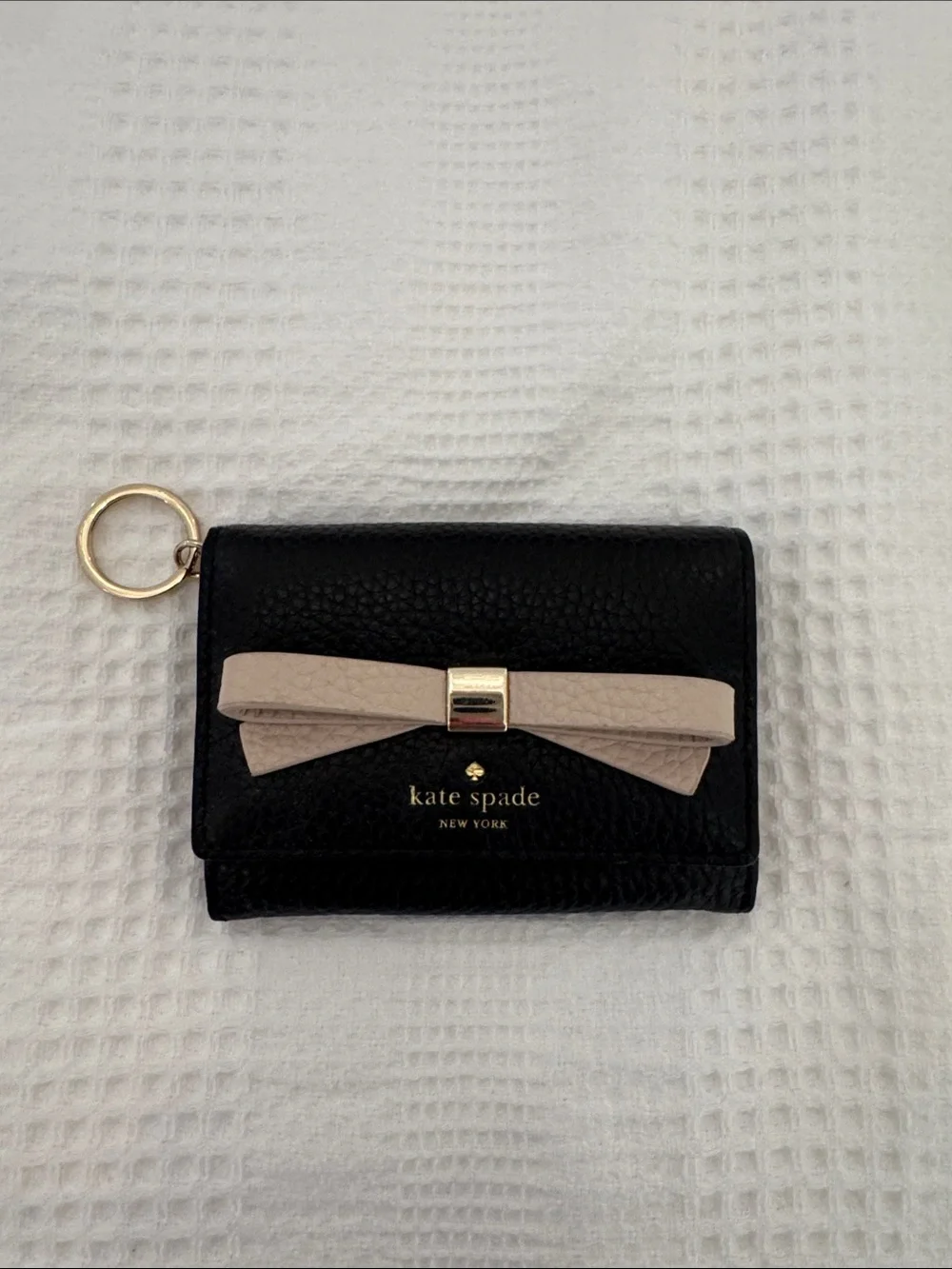 kate spade Black Leather Card Holder with Cream Bow and Gold Ring